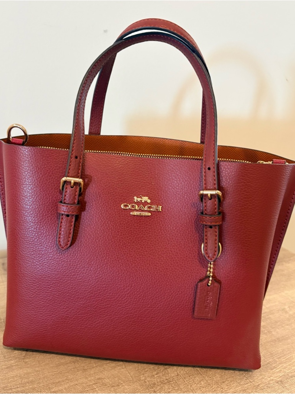 Coach Pebbled Leather Tote in Wine Red with Gold Hardware